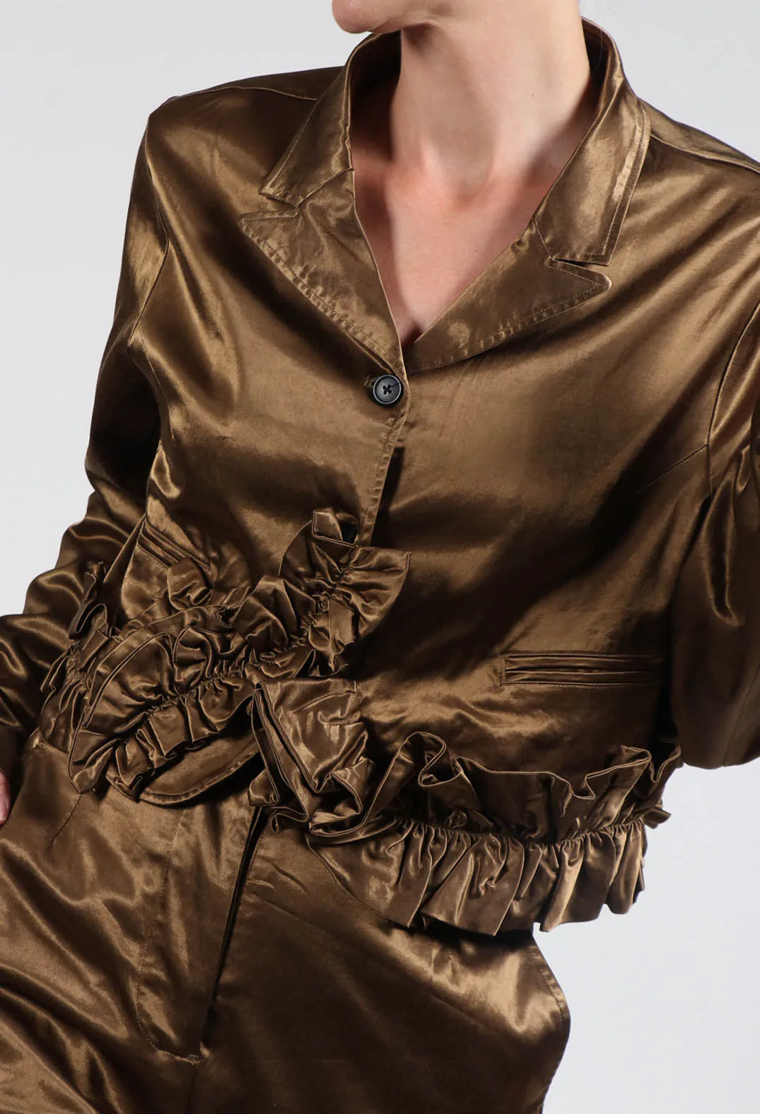 Satin Cropped Jacket with Ruffle Detail in Bronze