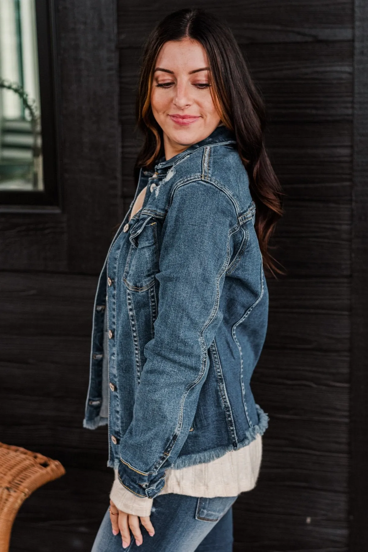 She's So Classic Distressed Denim Jacket- Dark Wash