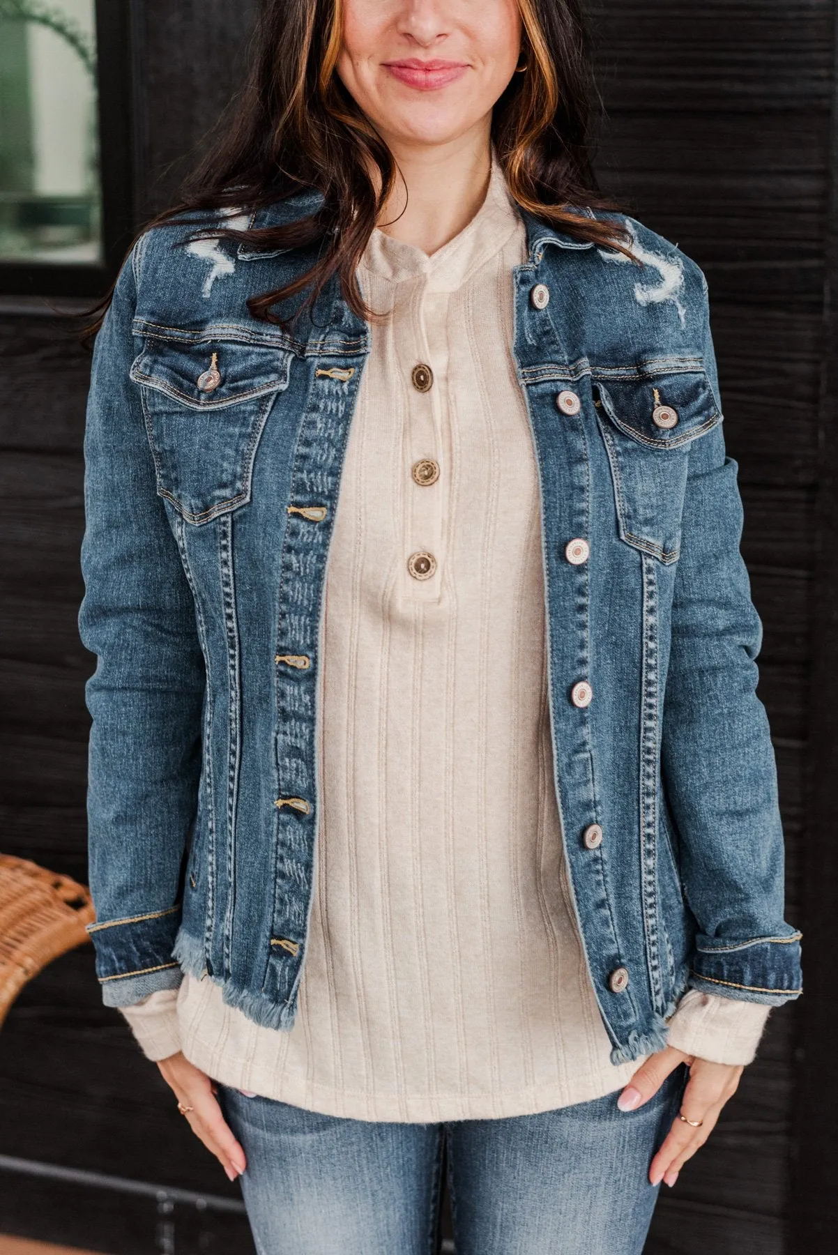 She's So Classic Distressed Denim Jacket- Dark Wash