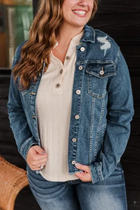 She's So Classic Distressed Denim Jacket- Dark Wash