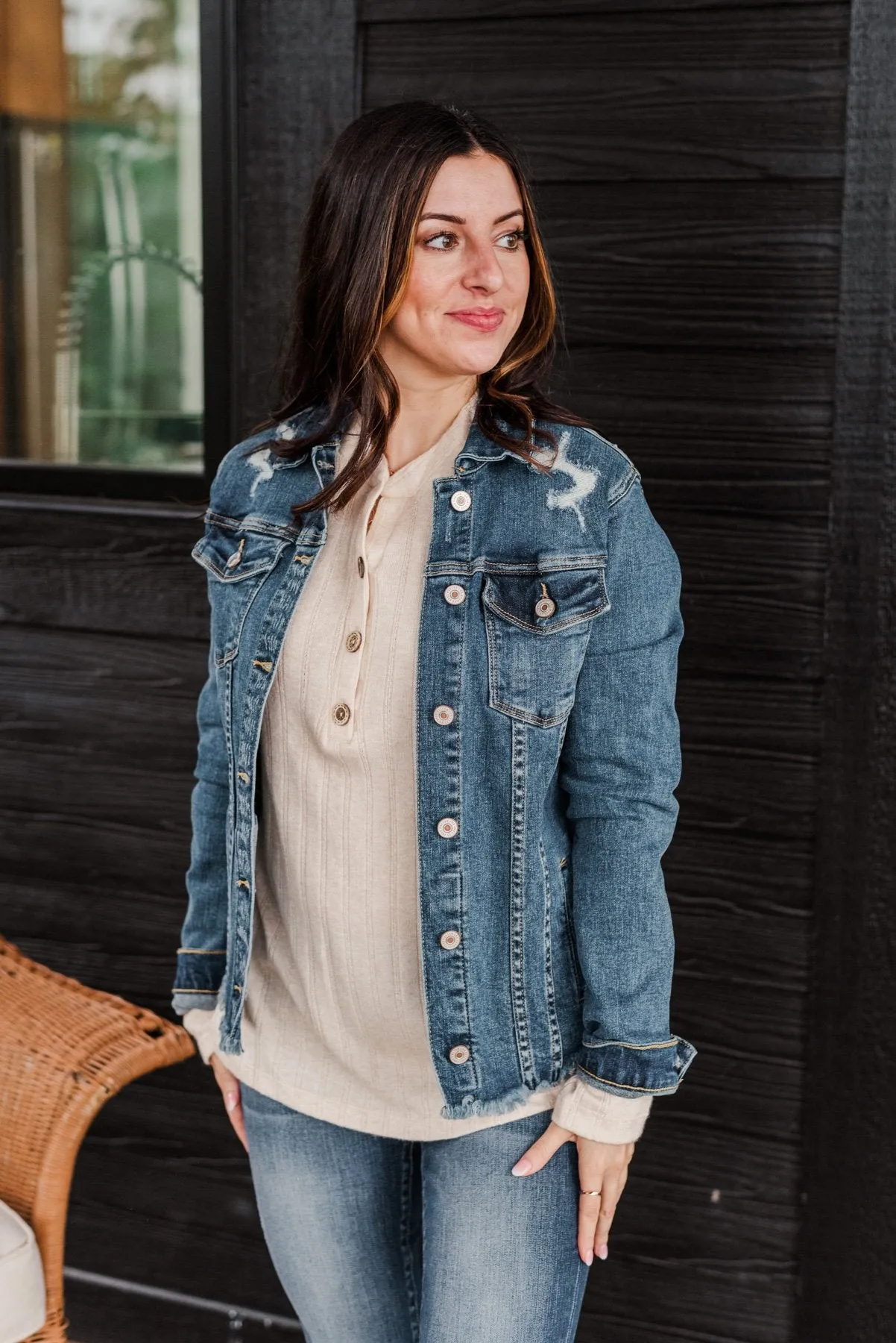 She's So Classic Distressed Denim Jacket- Dark Wash