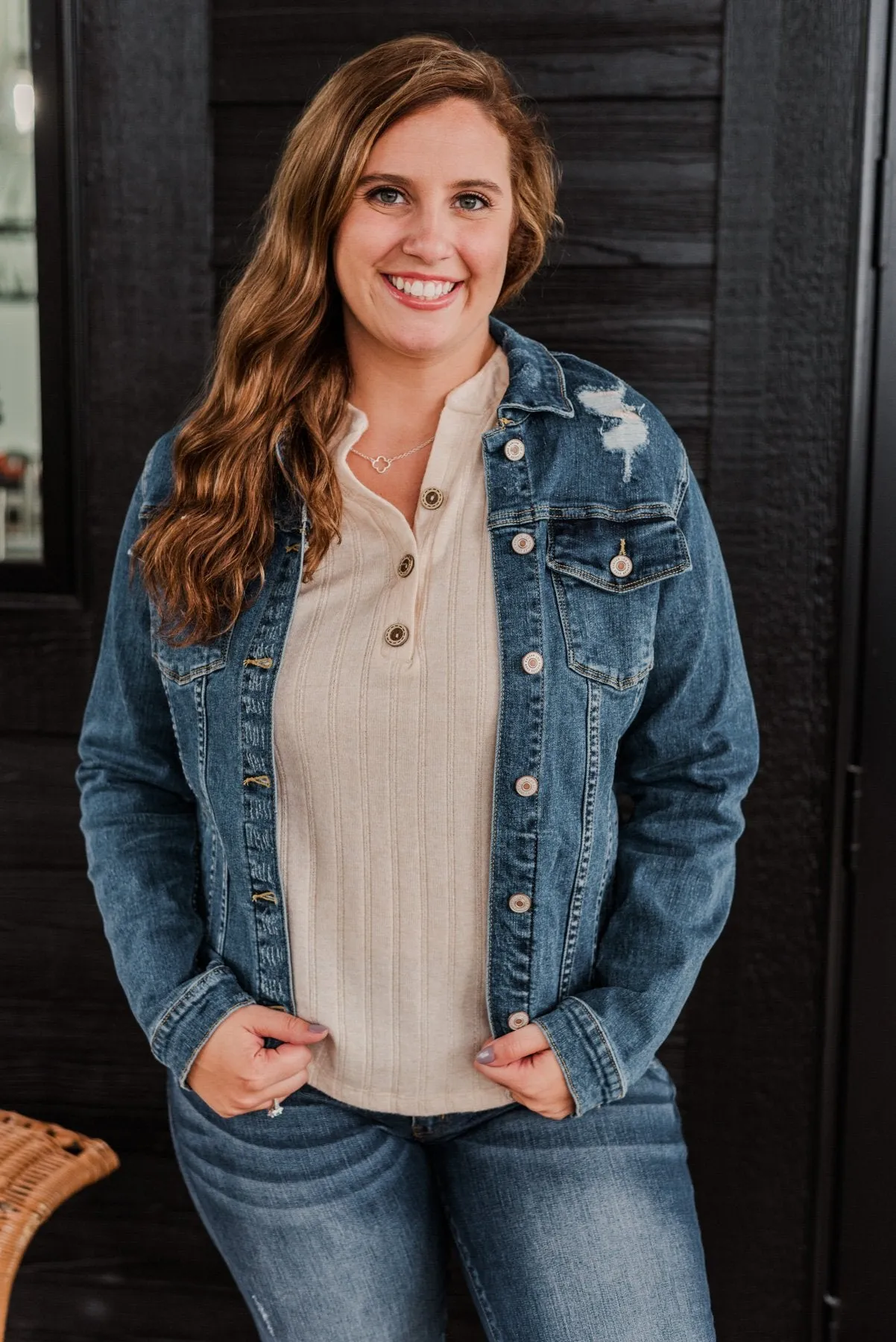 She's So Classic Distressed Denim Jacket- Dark Wash