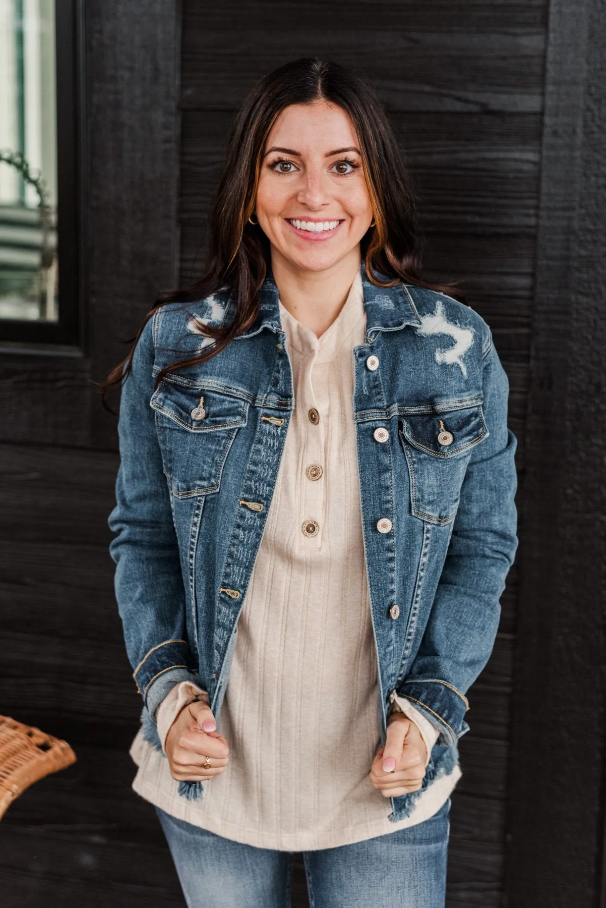 She's So Classic Distressed Denim Jacket- Dark Wash