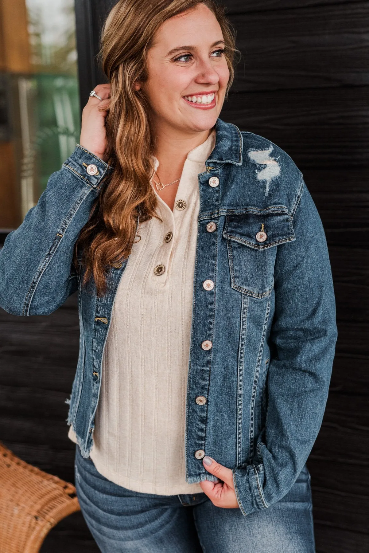 She's So Classic Distressed Denim Jacket- Dark Wash