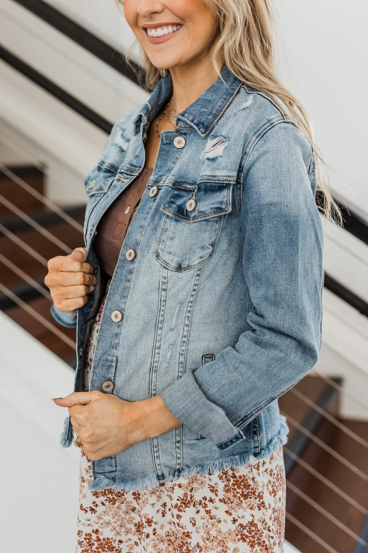 She's So Classic Distressed Denim Jacket- Light Wash