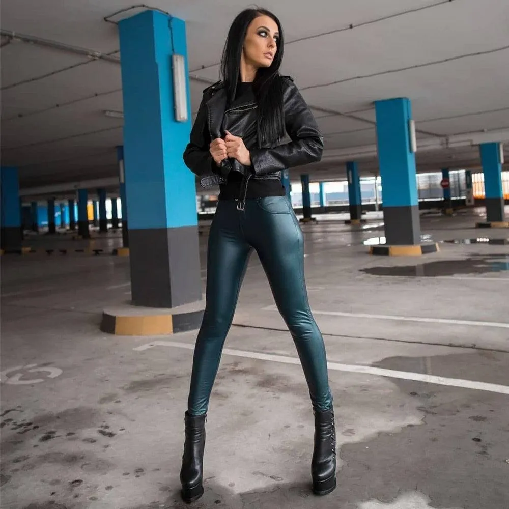 Slim Fit Mid-Rise PU Leather Trousers - Skinny Wet Look Design for a Tight Fit