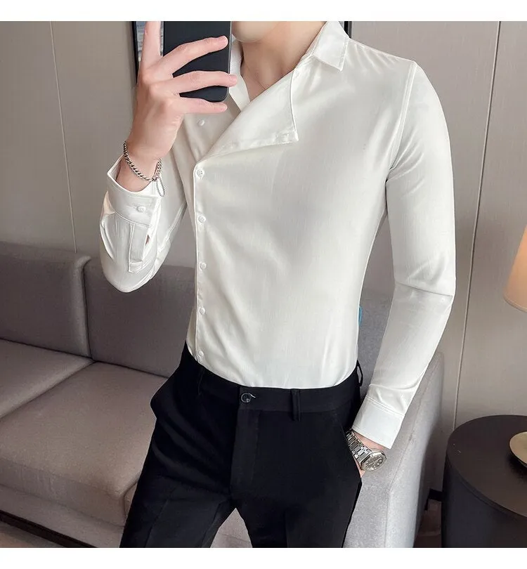 Solid Slim Fit Partial Placket Striped Plus Size Long Sleeve Shirt for Men