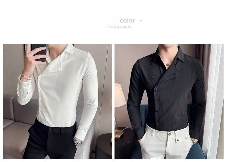 Solid Slim Fit Partial Placket Striped Plus Size Long Sleeve Shirt for Men