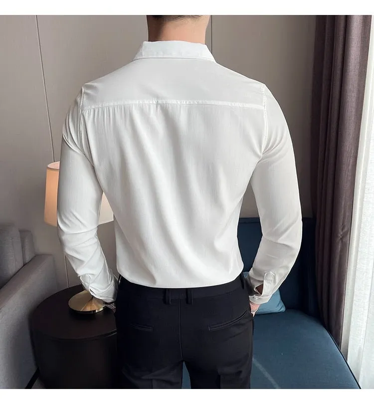 Solid Slim Fit Partial Placket Striped Plus Size Long Sleeve Shirt for Men