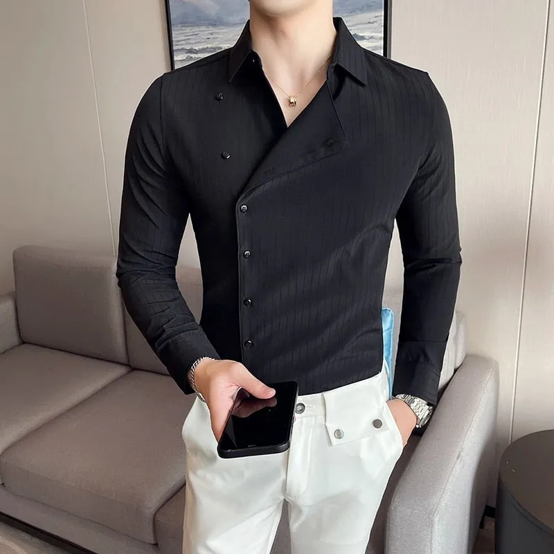 Solid Slim Fit Partial Placket Striped Plus Size Long Sleeve Shirt for Men