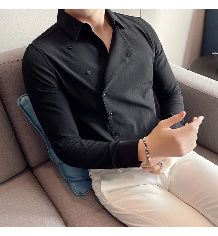 Solid Slim Fit Partial Placket Striped Plus Size Long Sleeve Shirt for Men