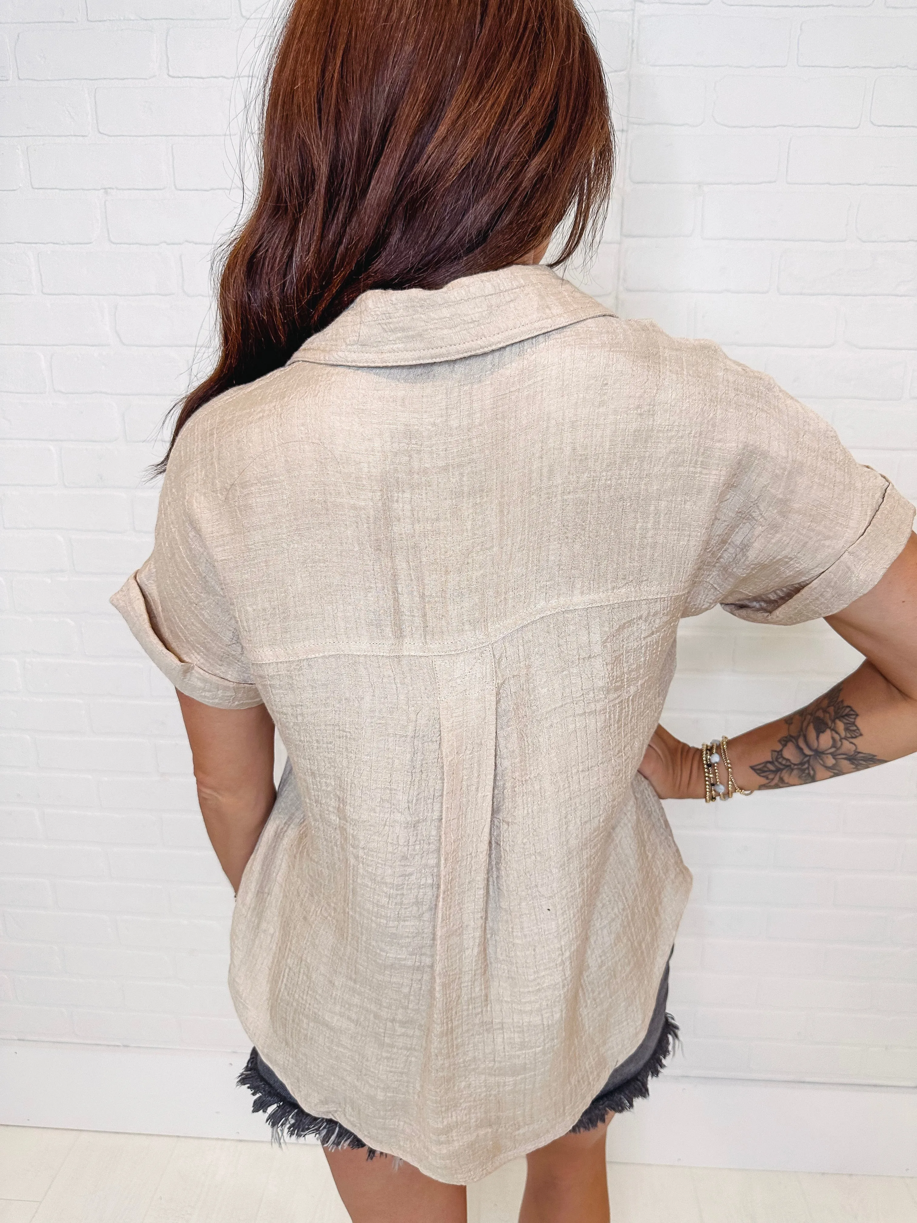 Spice Up Your Life Button Front Shirt-- Khaki