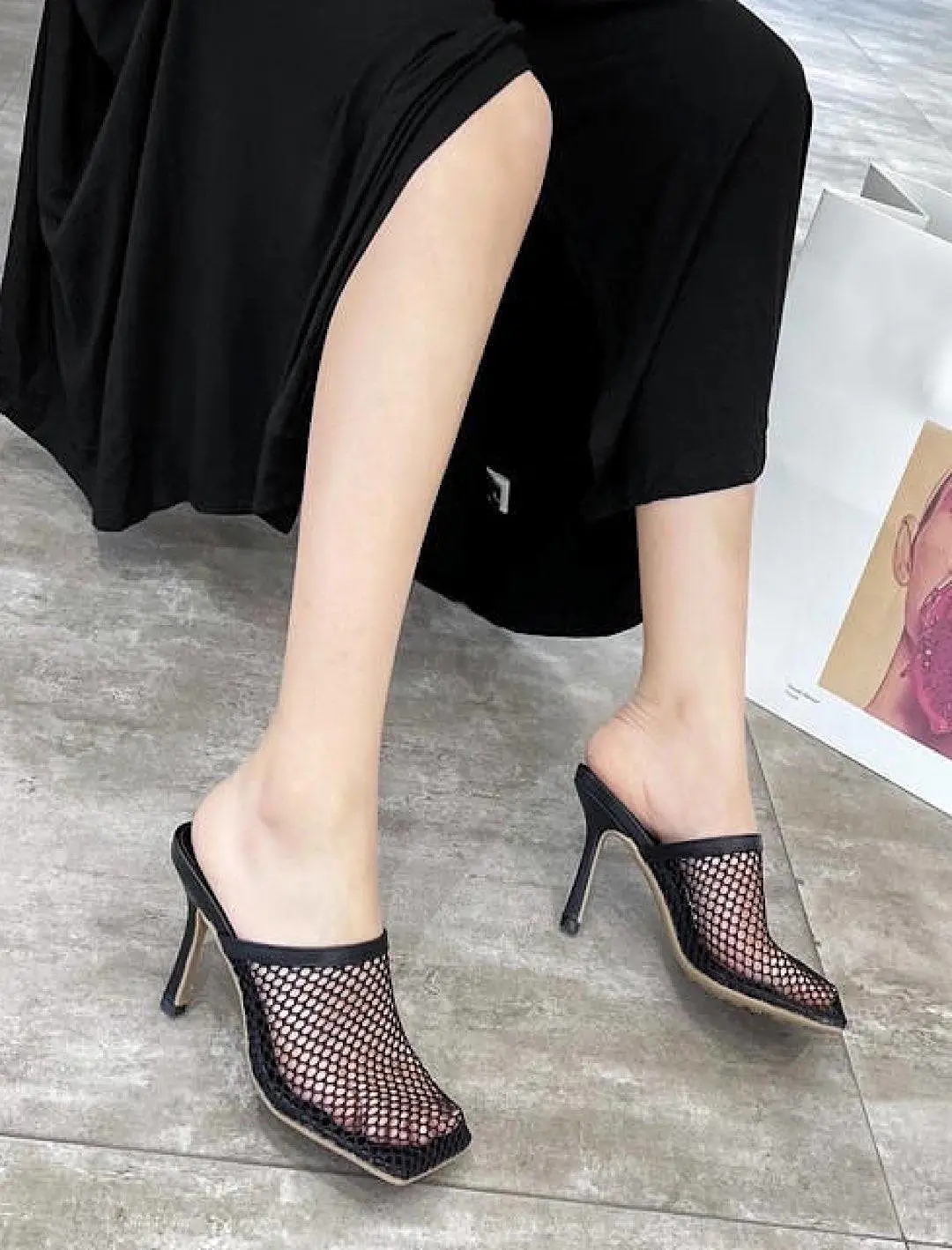 Square Toe Mesh Sandal Heels