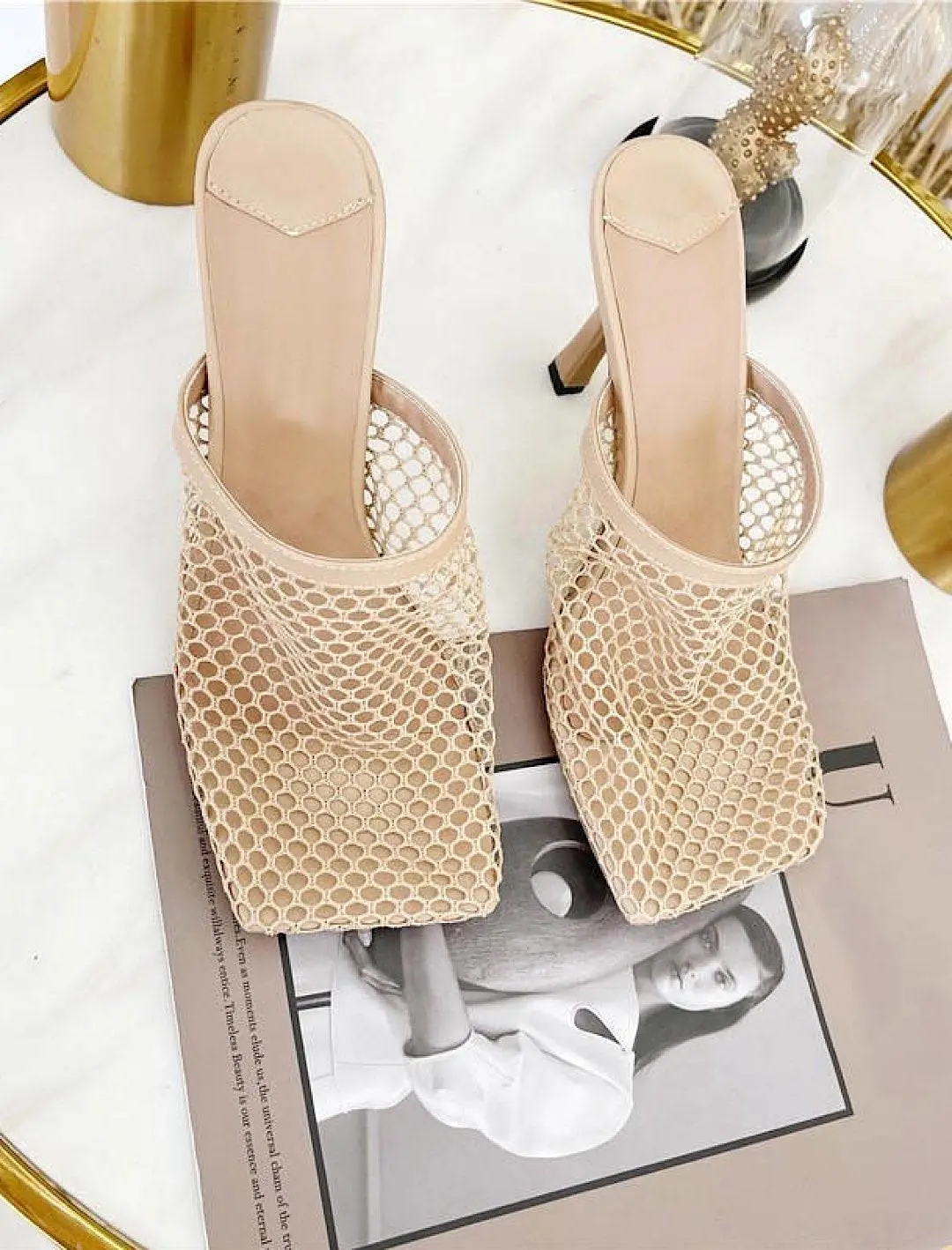 Square Toe Mesh Sandal Heels