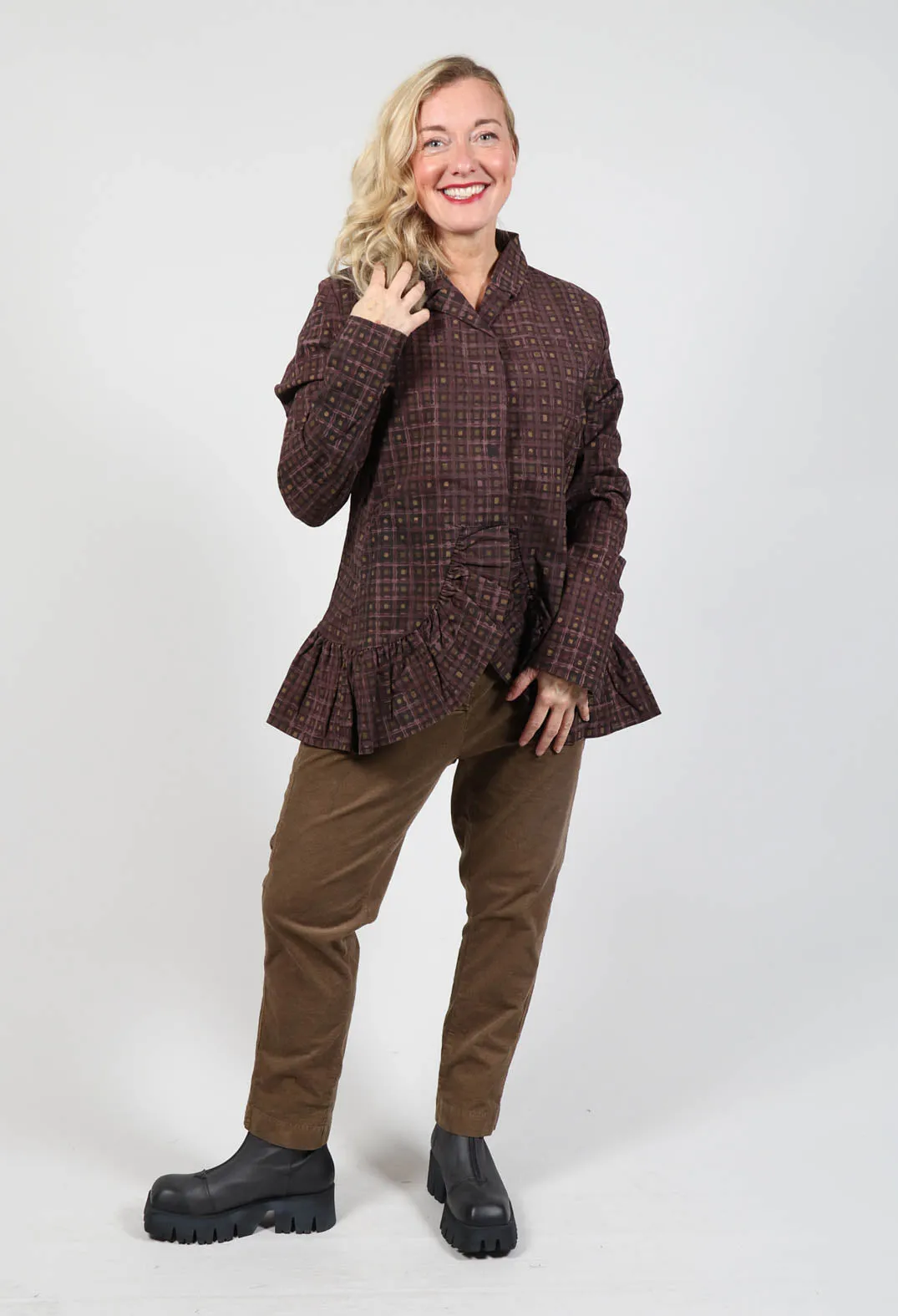 Tailored Jacket with Peplum Hem in Brown Check