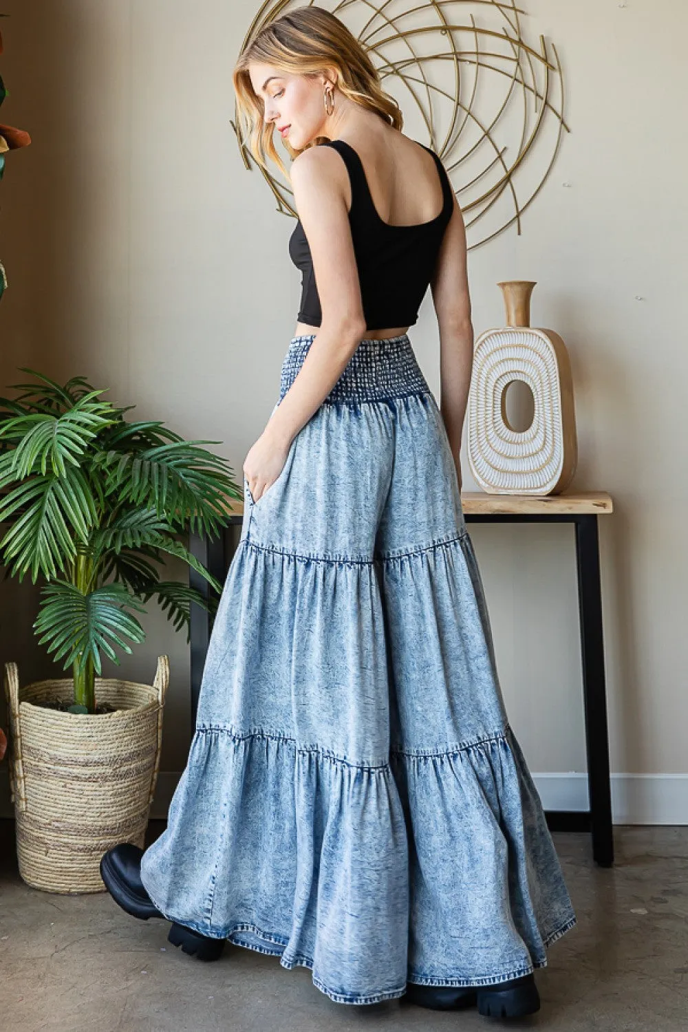 Washed Tiered Wide Pants