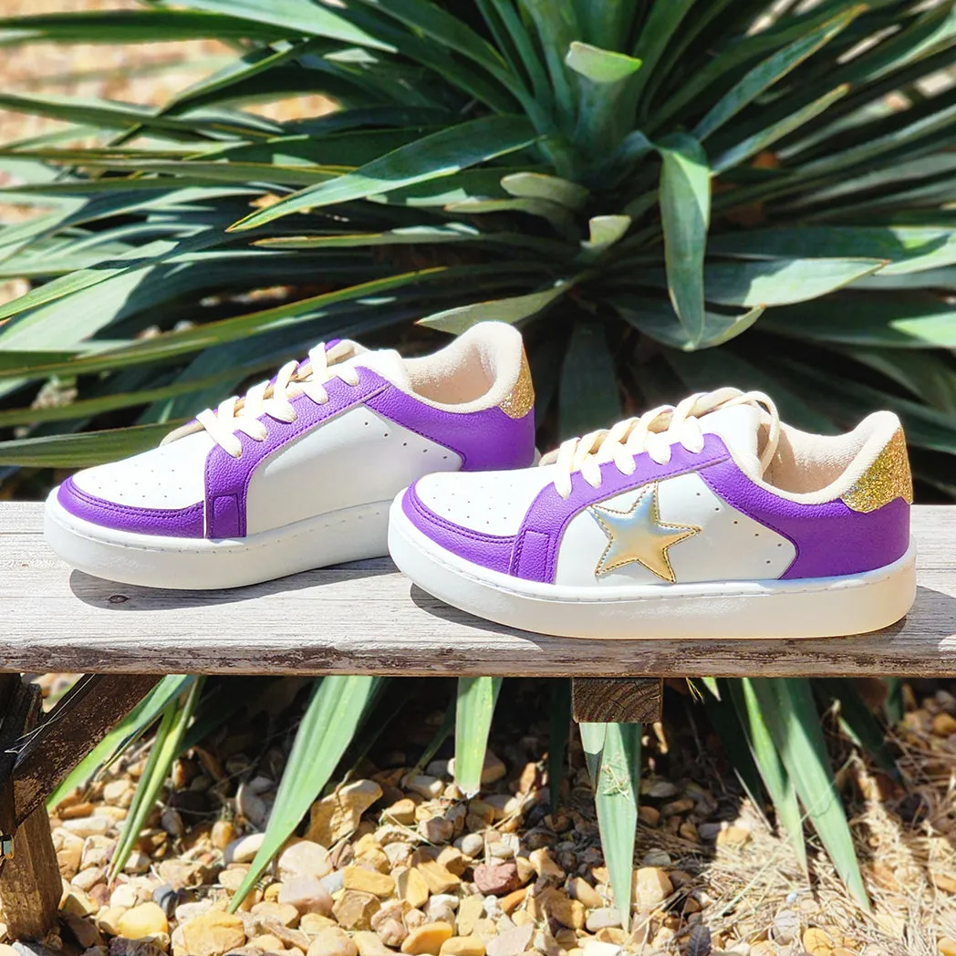 White, Purple & Gold Star Sneakers