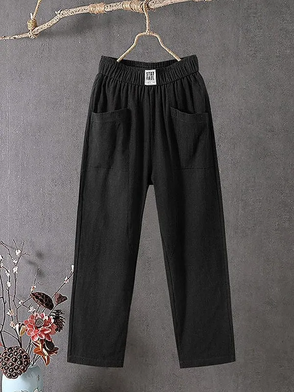 Women's High Waist Linen Cropped Pants with Side Pockets - Black/White - S M